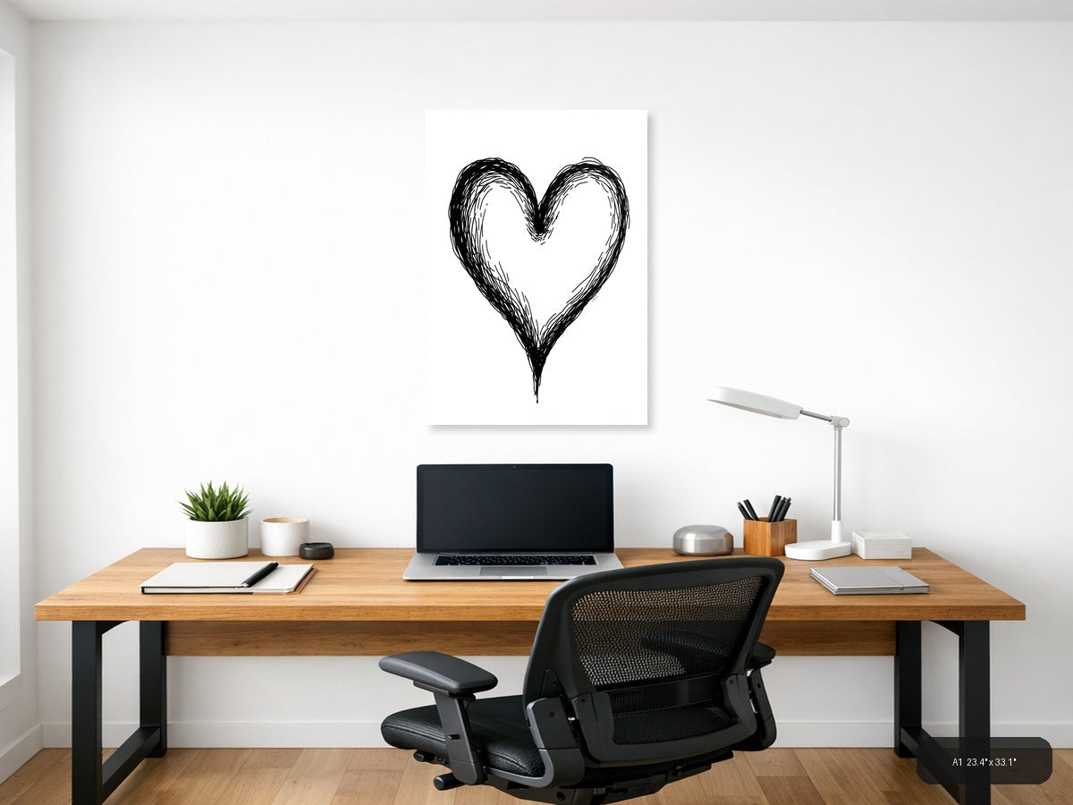 Hand-Drawn Heart Line Art Black Ink Wall Art — A1 / Office