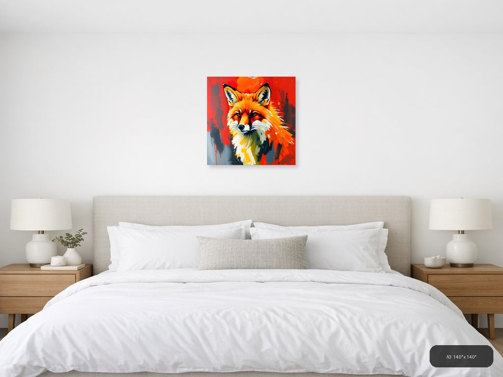 Abstract Fox Portrait Red Orange Splatter Wall Art — A3 / Bedroom