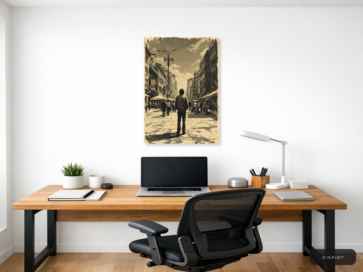 Urban Street Scene Vintage Portrait Wall Art — A1 / Office