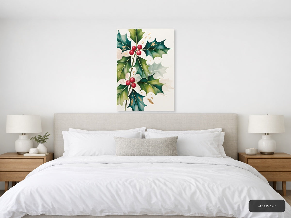 Holly Berries & Flowers Watercolor Portrait Wall Art — A1 / Bedroom