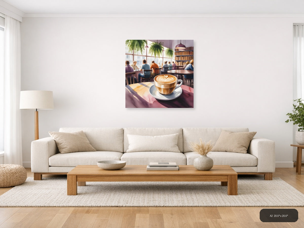 Cozy Café with Latte - Watercolor Wall Art — A2 / Living Room