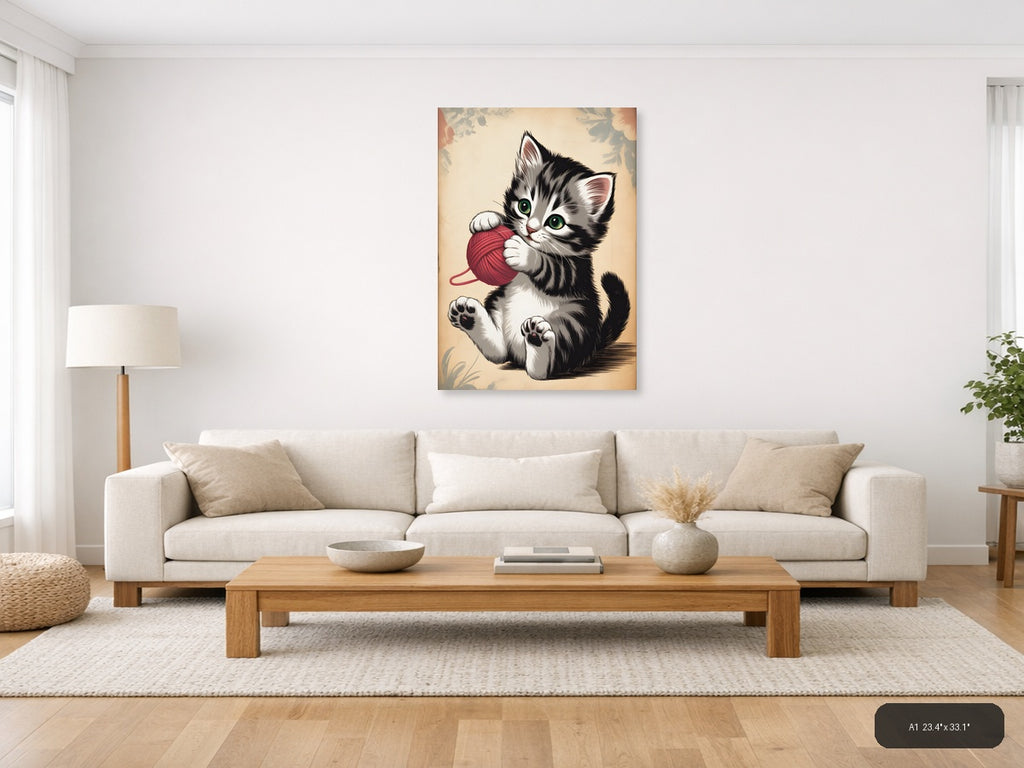 Playful Kitten with Red Yarn Ball Vintage Wall Art — A1 / Living Room