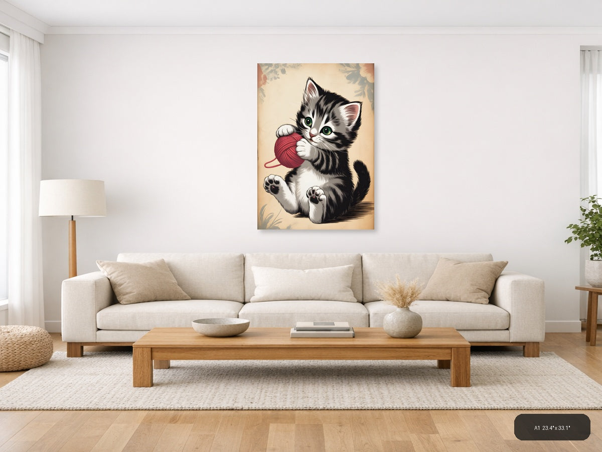 Playful Kitten with Red Yarn Ball Vintage Wall Art — A1 / Living Room