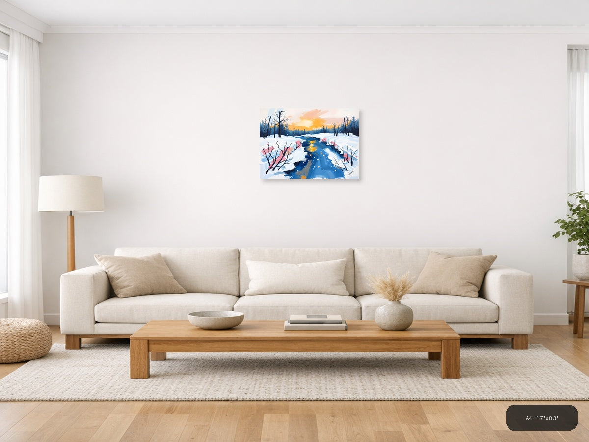Abstract Winter Stream Landscape Wall Art — A4 / Living Room