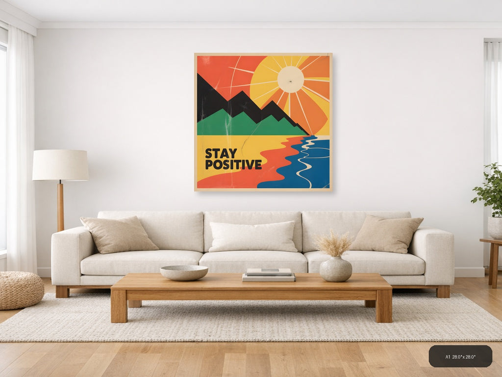 Vintage Retro Landscape with Sun and Mountains Wall Art — A1 / Living Room
