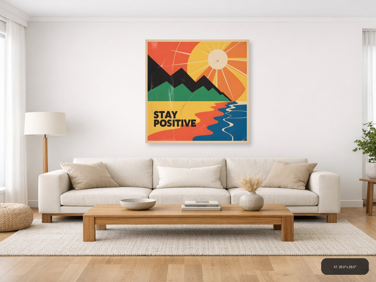 Vintage Retro Landscape with Sun and Mountains Wall Art — A1 / Living Room