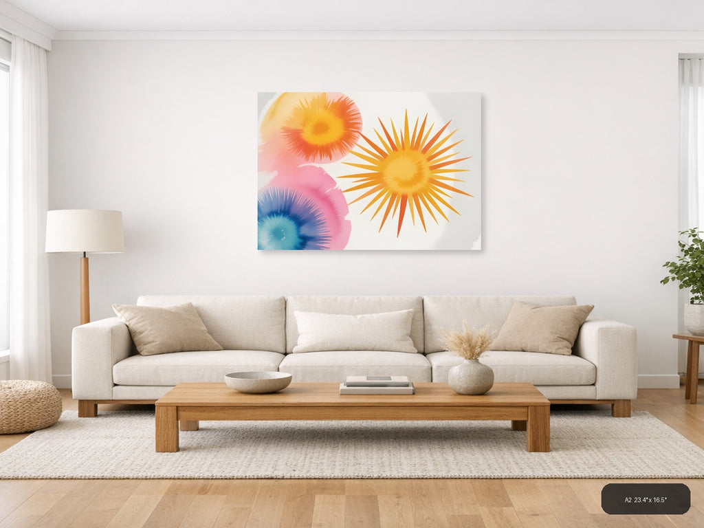 Watercolor Sunburst Flowers Abstract Wall Art — A2 / Living Room