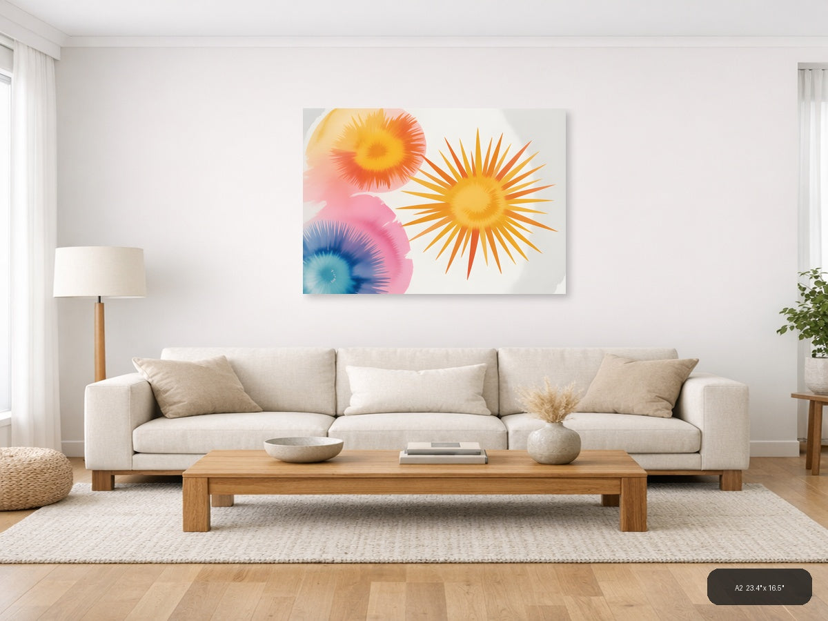 Watercolor Sunburst Flowers Abstract Wall Art — A2 / Living Room