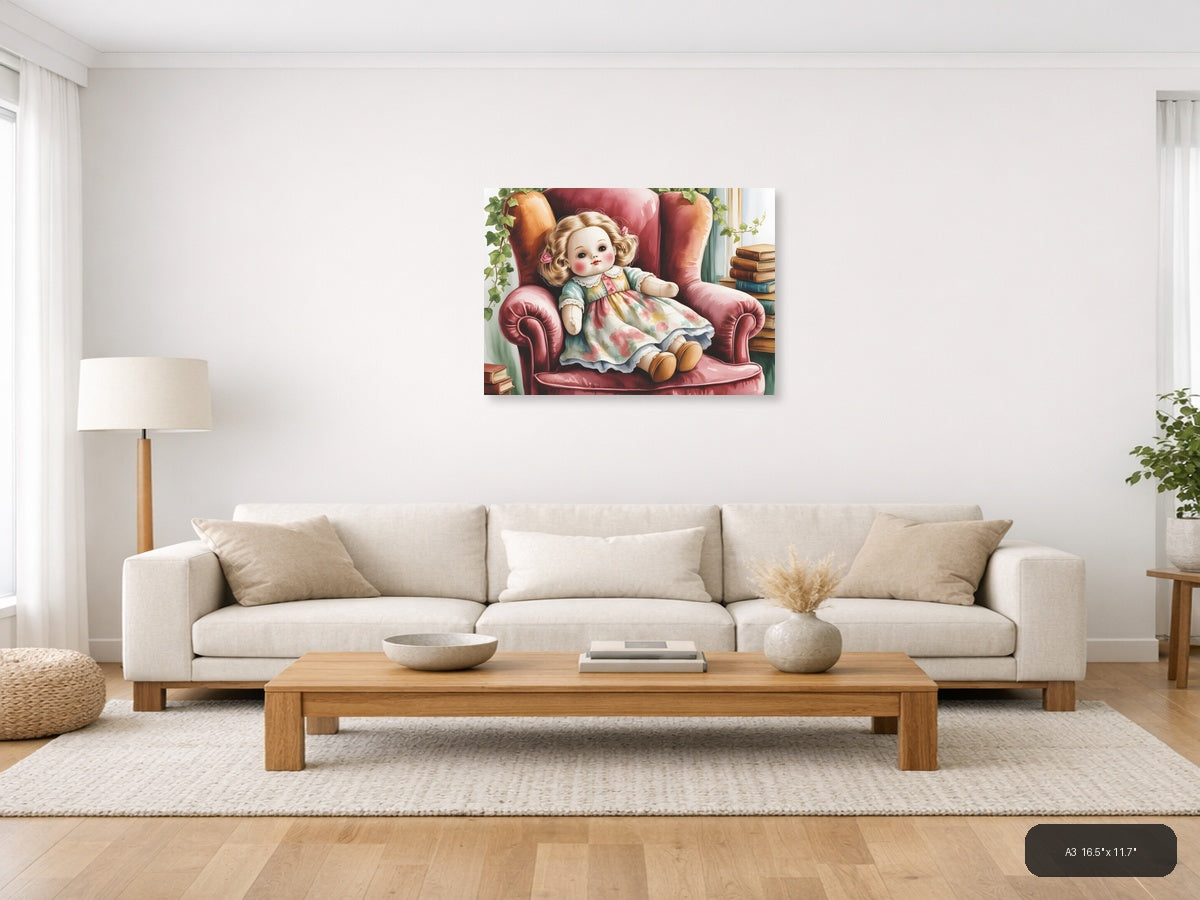 Vintage Doll in Pink Chair Watercolor Wall Art — A3 / Living Room