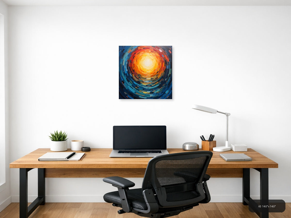 Abstract Concentric Sun Burst Orange Blue Wall Art — A3 / Office