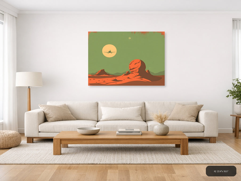 Vintage Mars Landscape Aircraft Silhouette Wall Art — A2 / Living Room