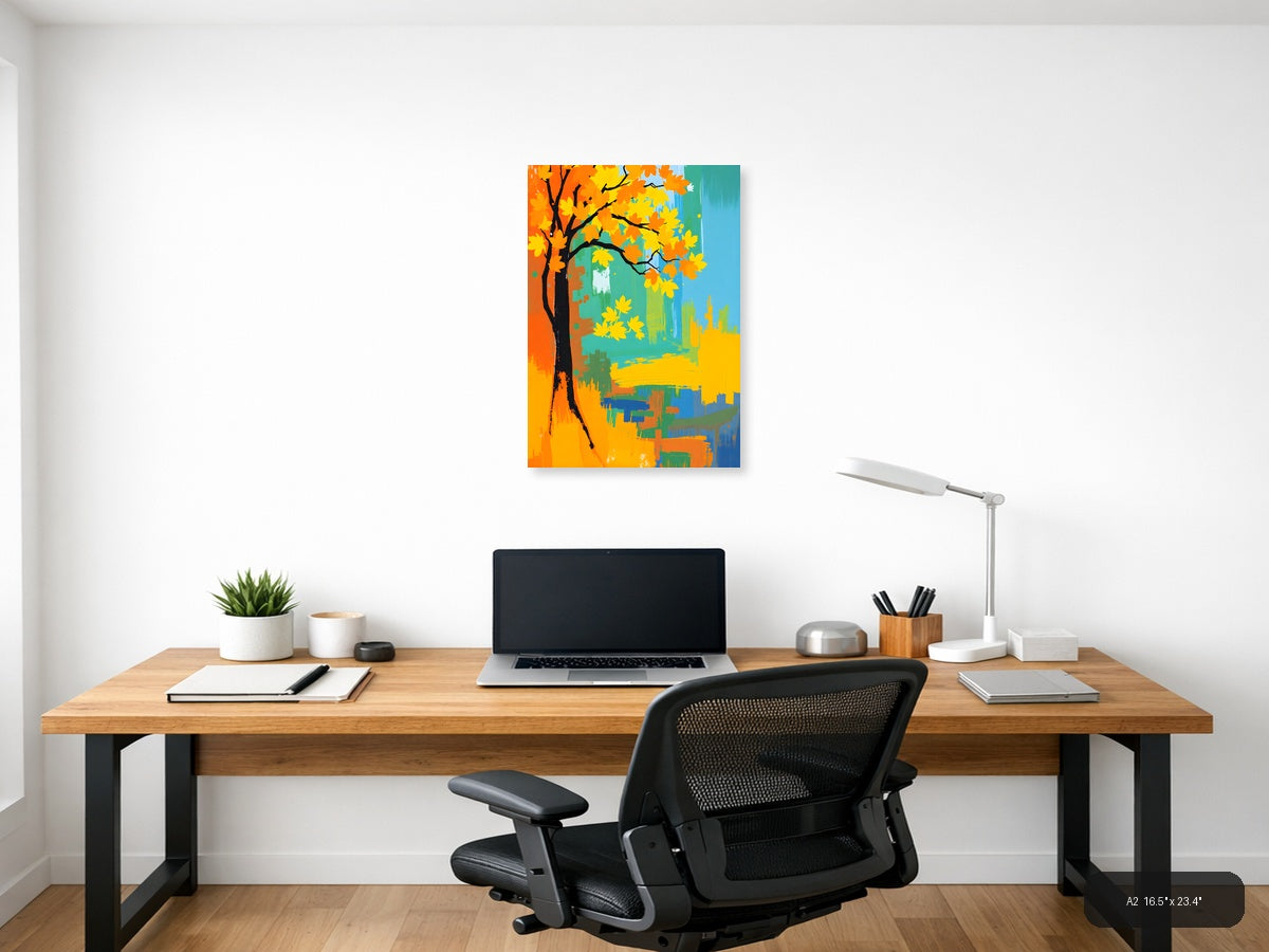 Abstract Autumn Tree with Golden Leaves Wall Art — A2 / Office