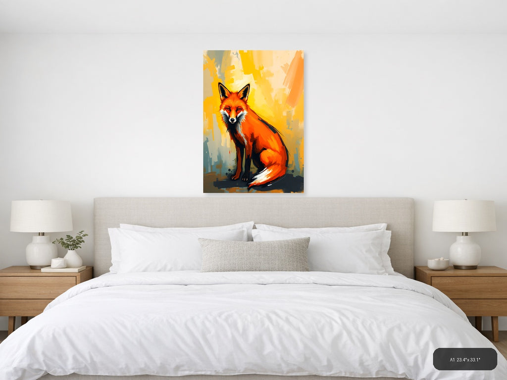 Abstract Red Fox Portrait Modern Yellow Wall Art — A1 / Bedroom
