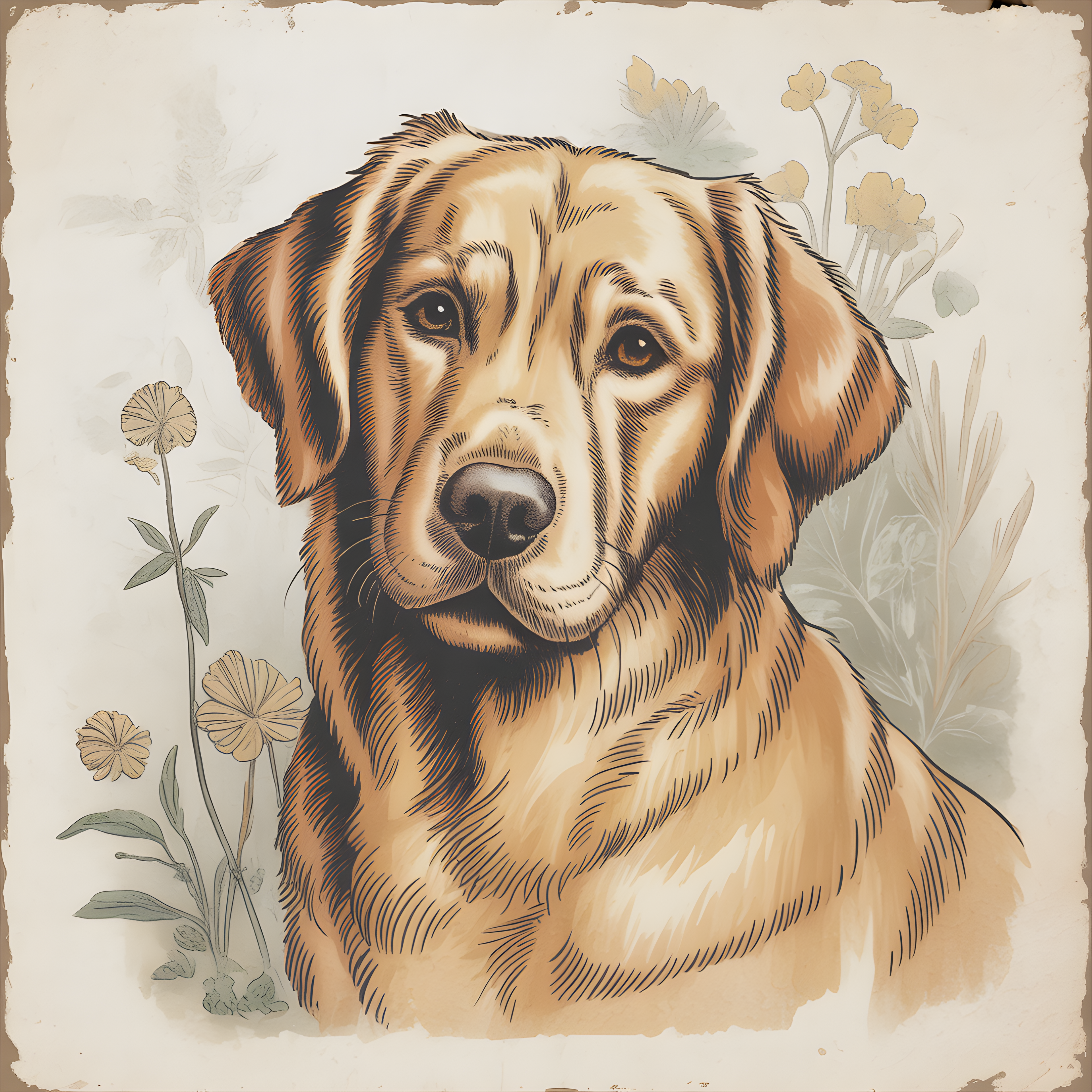 Vintage Brown Dog Portrait with Wildflowers Wall Art