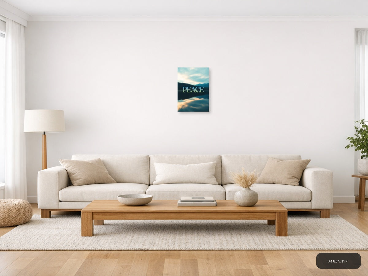Peace Typography Mountain Lake Landscape Wall Art — A4 / Living Room