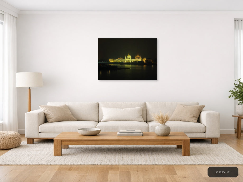 Golden Parliament Building Night Reflection | Minimalist Landscape Wall Art — A3 (Living Room)