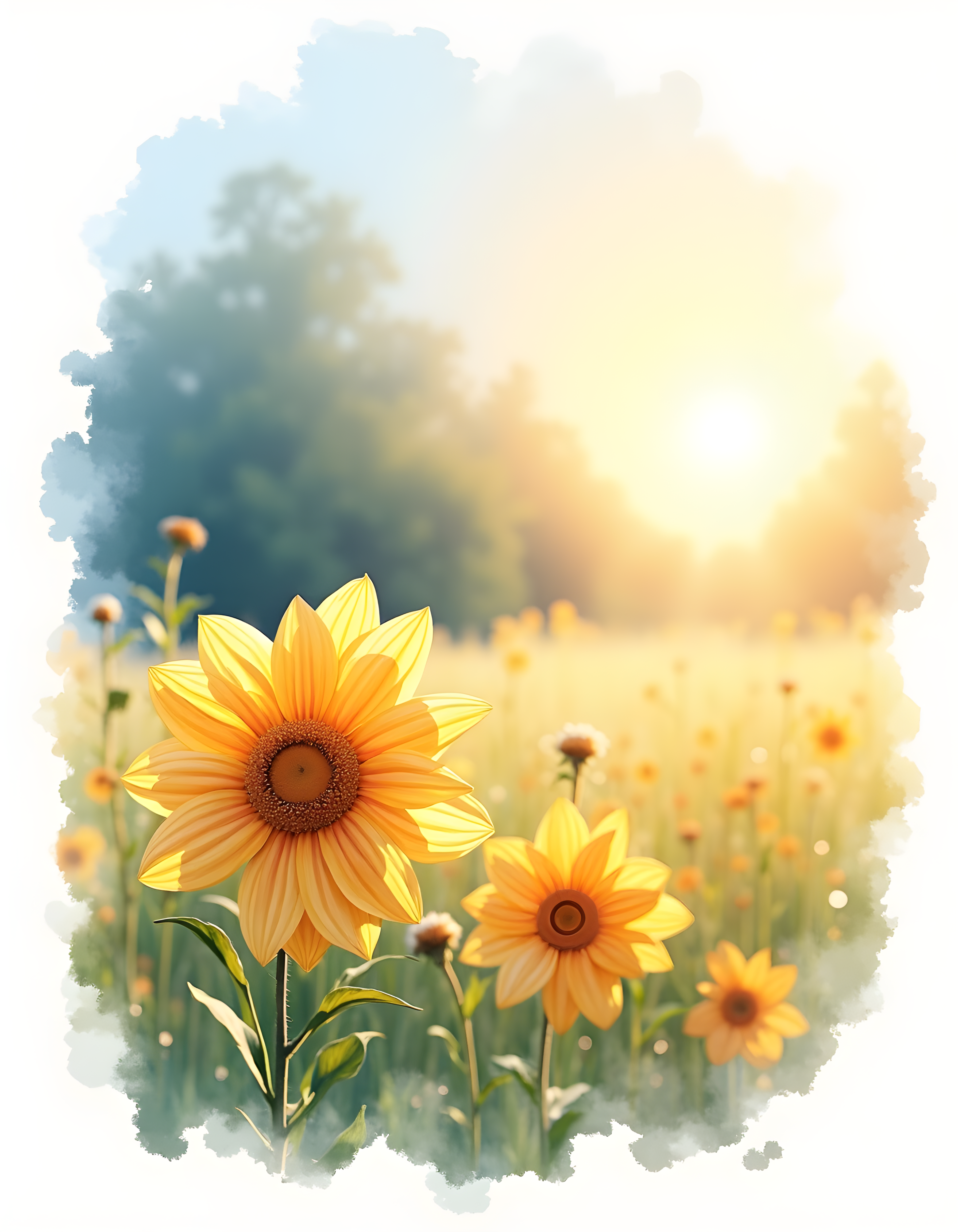 Sunflowers in Golden Light Watercolor Wall Art