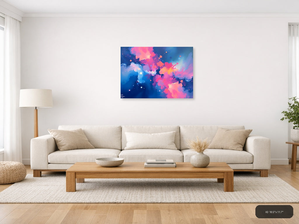 Abstract Pink & Blue Fluid Clouds Modern Wall Art — A3 / Living Room