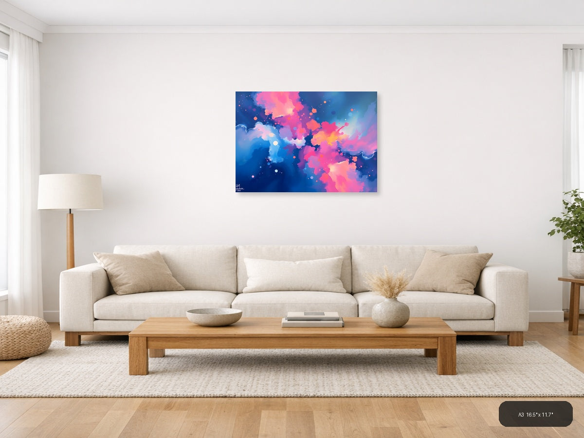 Abstract Pink & Blue Fluid Clouds Modern Wall Art — A3 / Living Room