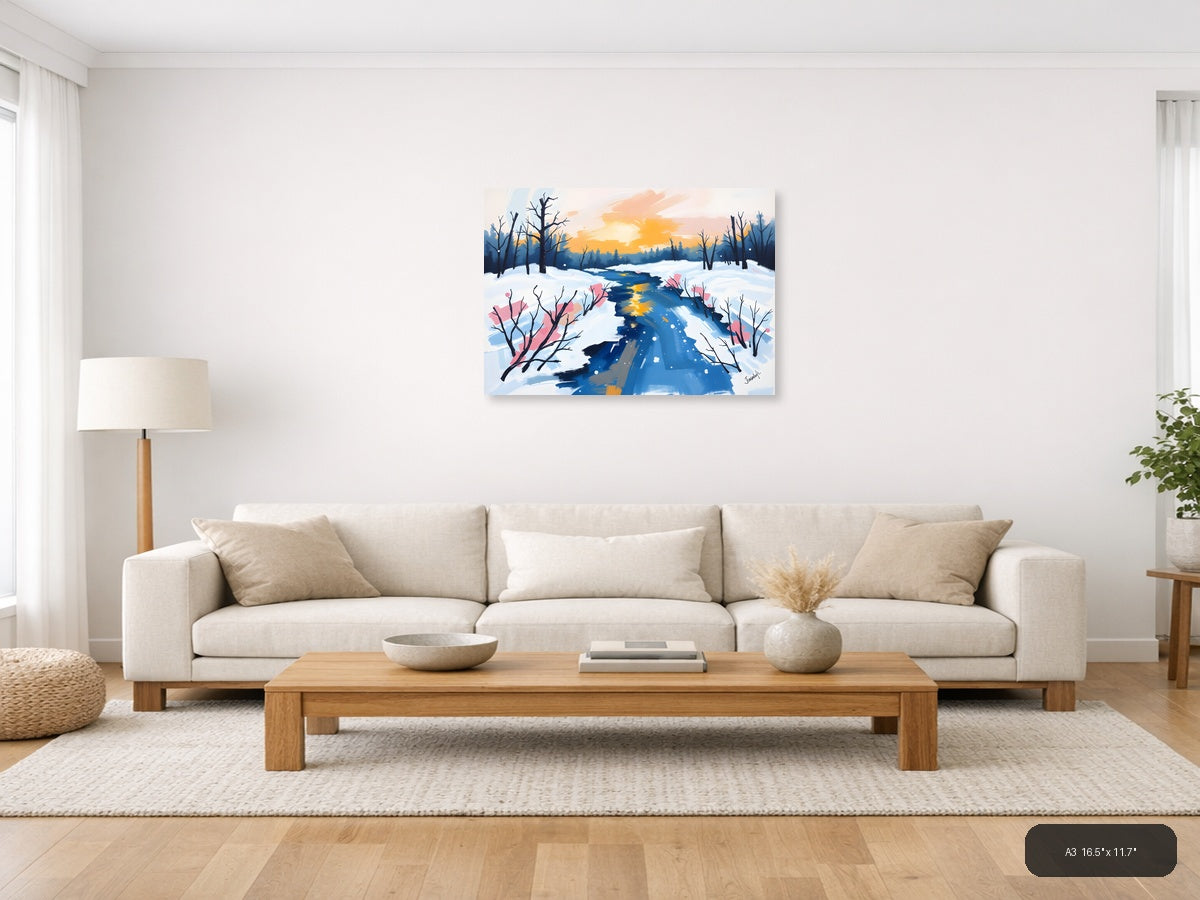 Winter Stream Abstract Landscape Canvas Wall Art — A3 / Living Room