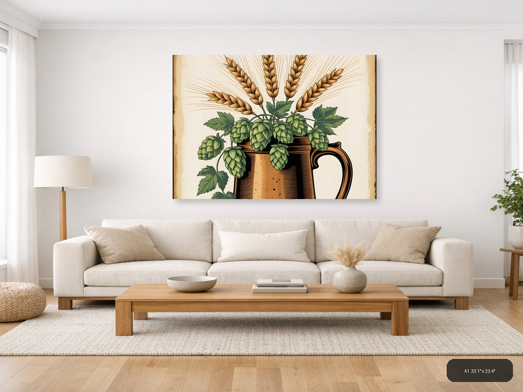 Vintage Beer Hops and Wheat Botanical Wall Art — A1 / Living Room