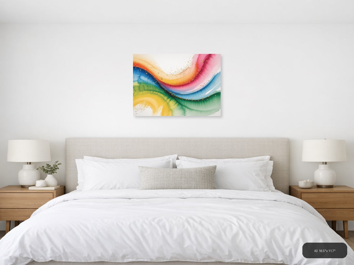 Rainbow Watercolor Flow Gold Splatter Wall Art — A3 / Bedroom