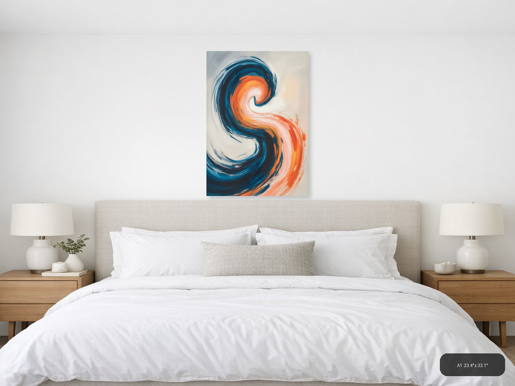 Blue and Orange Abstract Swirl Modern Wall Art — A1 / Bedroom