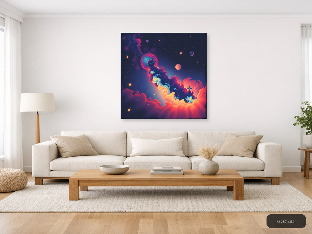 Vintage Cosmic Space Scene with Planet & Cross Wall Art — A1 / Living Room