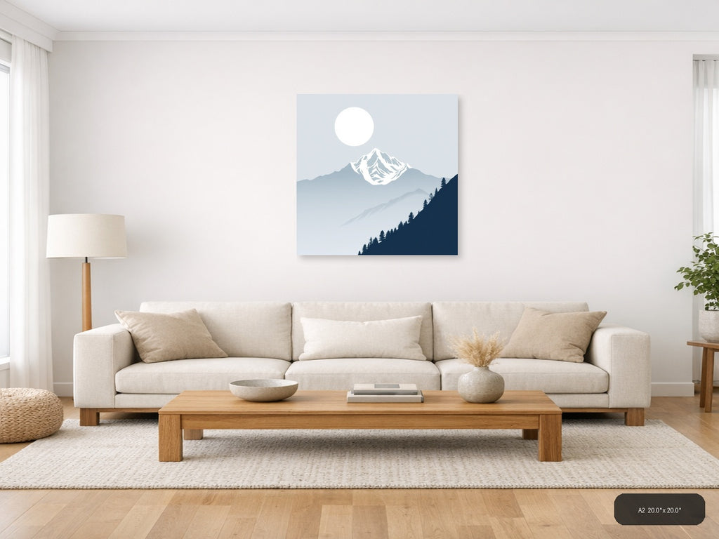 Snow-Capped Mountain Moon Night Sky | Minimalist Landscape Wall Art — A2 (Living Room)
