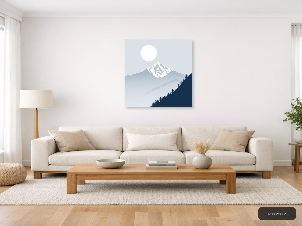 Snow-Capped Mountain Moon Night Sky | Minimalist Landscape Wall Art — A2 (Living Room)