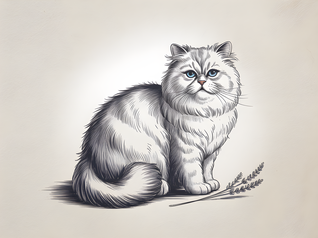 Fluffy Long-Haired Cat with Wheat Line Art Wall Art