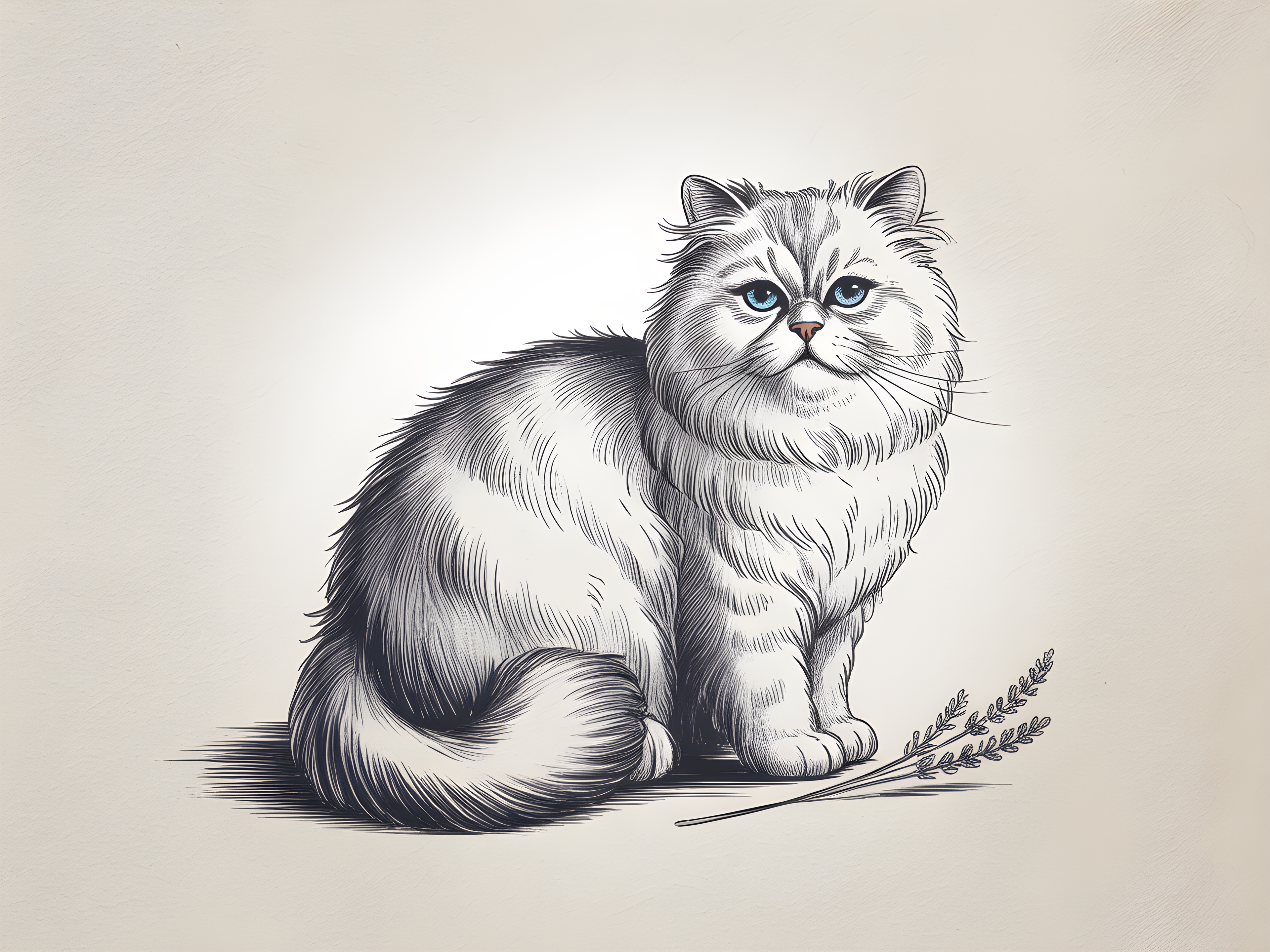 Fluffy Long-Haired Cat with Wheat Line Art Wall Art