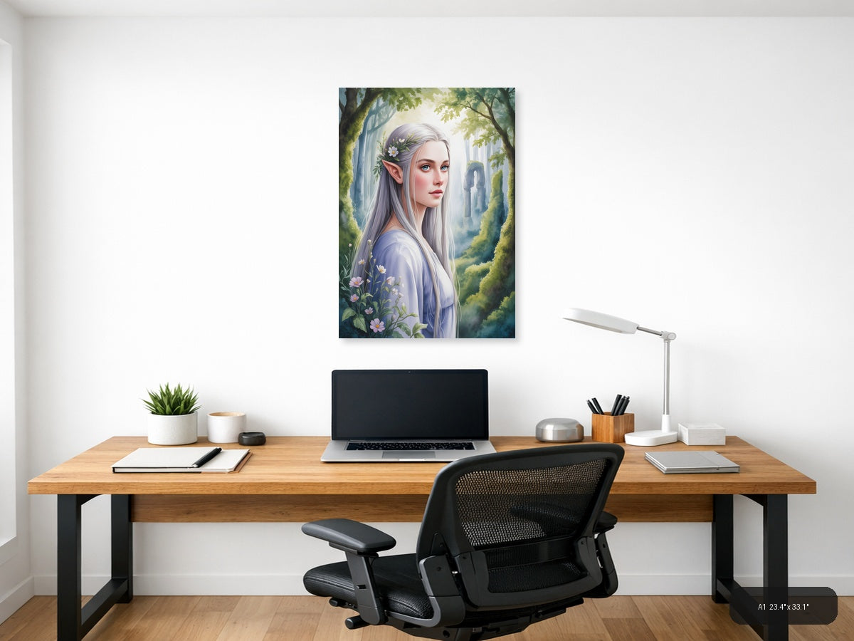 Elven Forest Maiden Watercolor Portrait Wall Art — A1 / Office