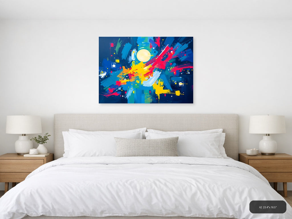 Vibrant Abstract Moon & Explosion Blue Canvas Wall Art — A2 / Bedroom