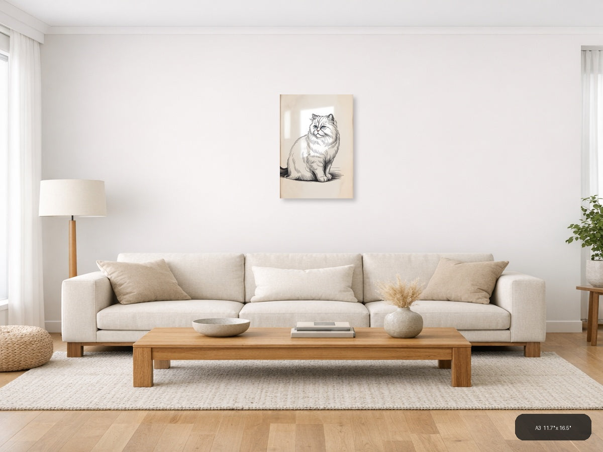 Persian Cat Portrait Line Art Sketch Wall Art — A3 / Living Room