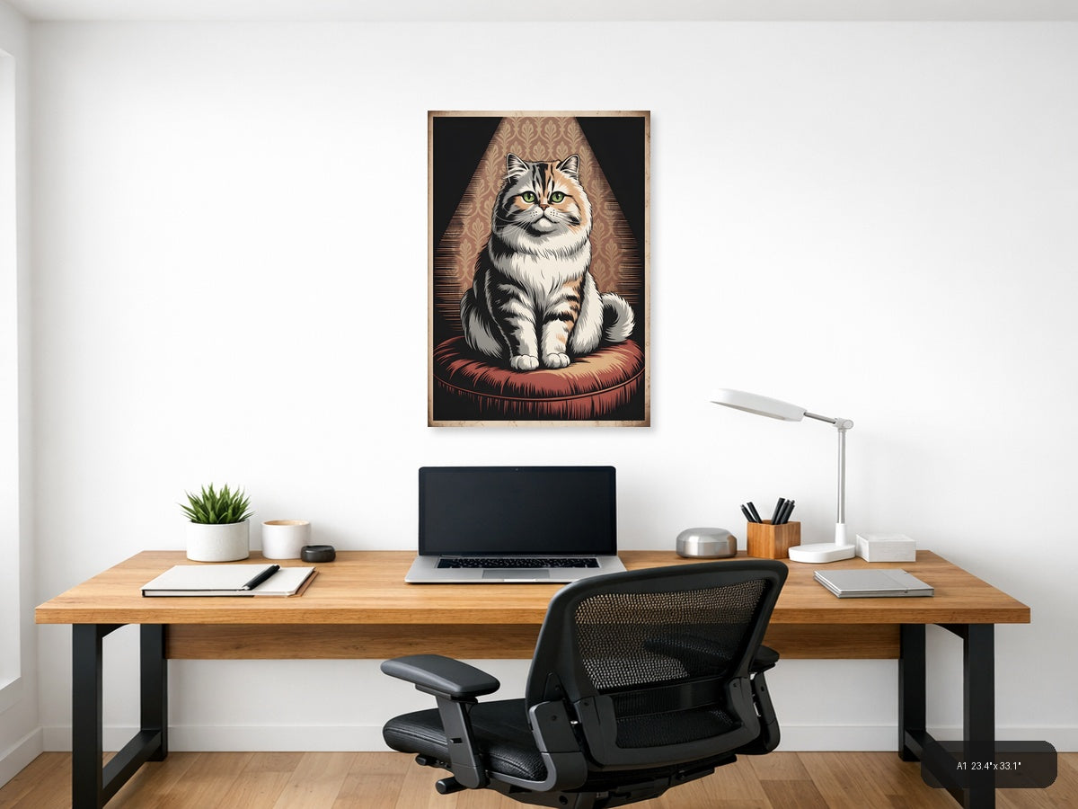 Vintage Fluffy Cat Portrait with Green Eyes Wall Art — A1 / Office