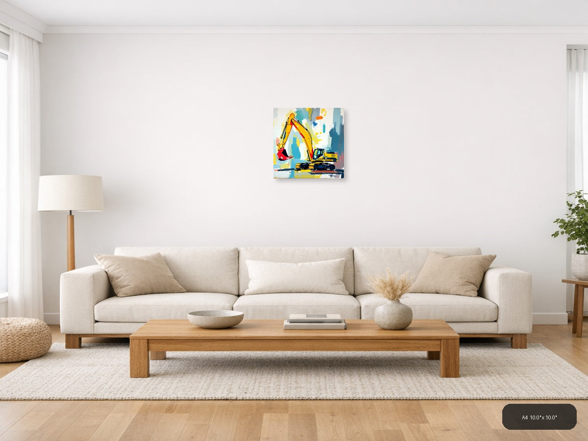 Yellow Excavator Abstract Construction Wall Art — A4 / Living Room