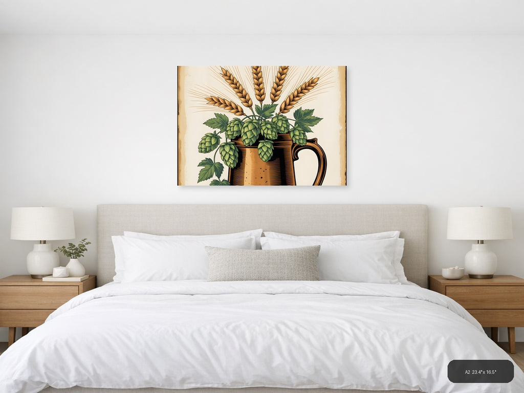 Vintage Beer Hops and Wheat Botanical Wall Art — A2 / Bedroom