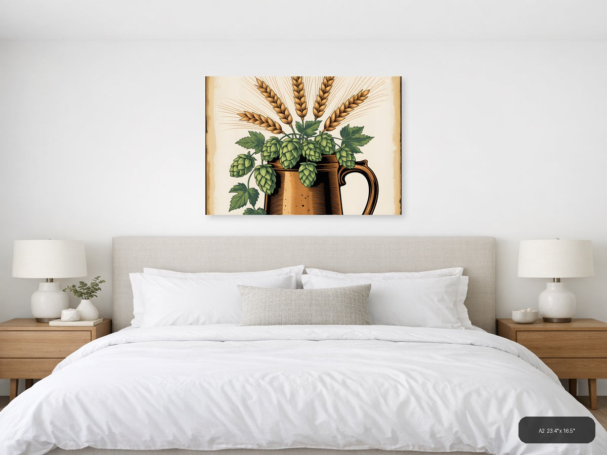 Vintage Beer Hops and Wheat Botanical Wall Art — A2 / Bedroom