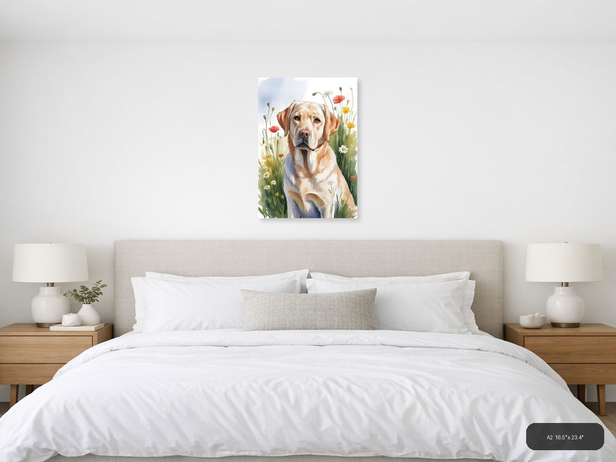 Golden Labrador in Wildflower Garden Watercolor Wall Art — A2 / Bedroom