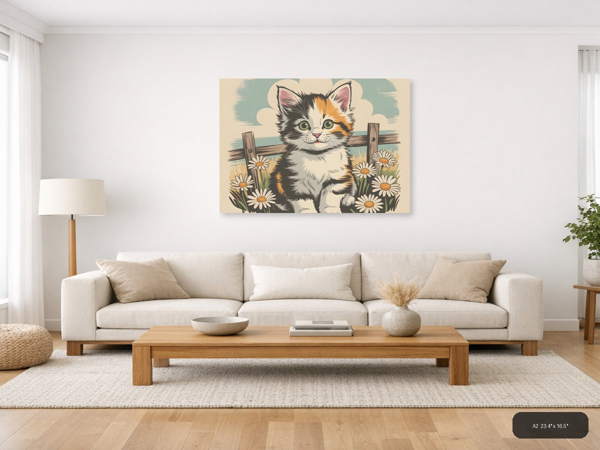 Calico Kitten with Daisies Vintage Wall Art — A2 / Living Room