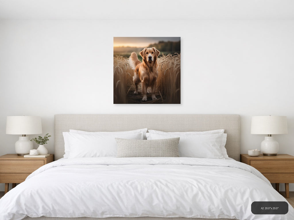 Golden Retriever in Wheat Field at Sunset Photography Wall Art — A2 / Bedroom