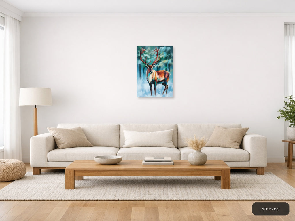Majestic Red Deer Abstract Winter Forest Wall Art — A3 / Living Room