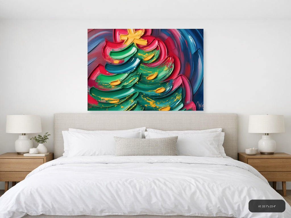 Colorful Abstract Christmas Tree with Neon Brushstrokes Wall Art — A1 / Bedroom