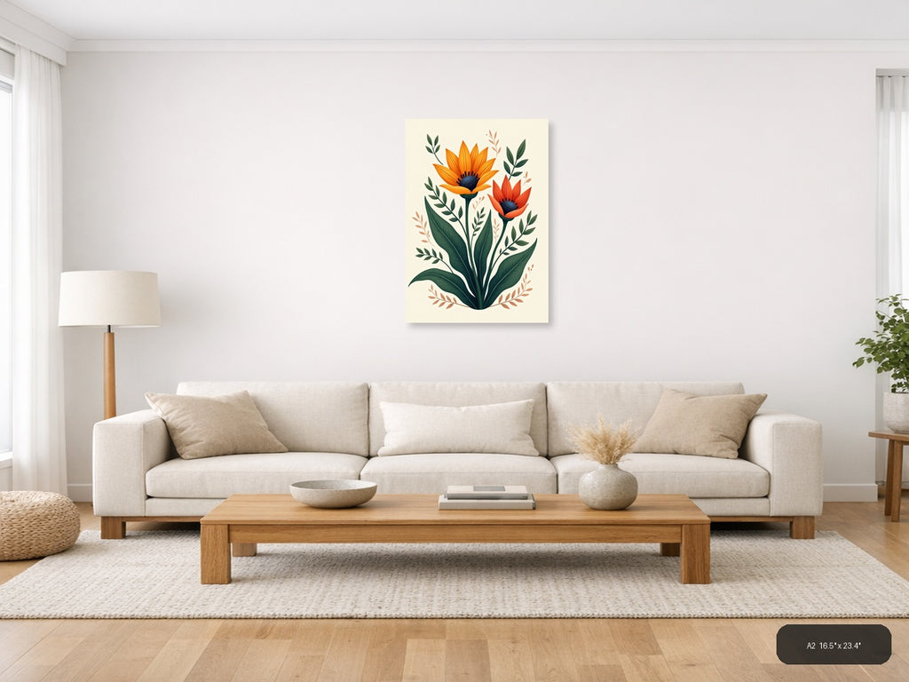 Orange Red Sunflowers Botanical Illustration Wall Art — A2 / Living Room