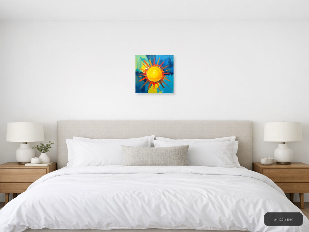 Abstract Sun Burst Modern Art | Vibrant Yellow Blue Wall Art — A4 / Bedroom