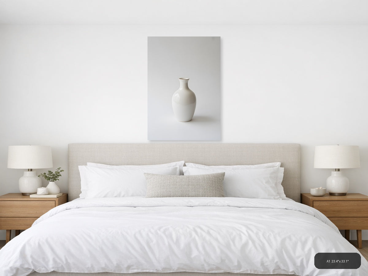 Minimalist White Ceramic Vase on Gray Wall Art — A1 / Bedroom