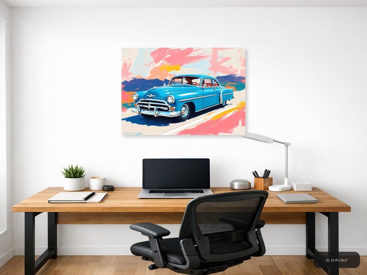 Blue Vintage Car Abstract Brushstrokes Wall Art — A2 / Office