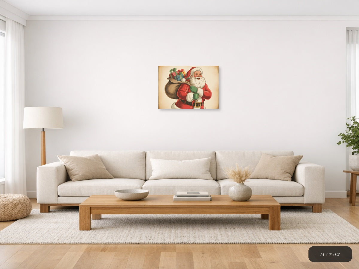 Vintage Santa Claus with Gifts Illustration Wall Art — A4 / Living Room