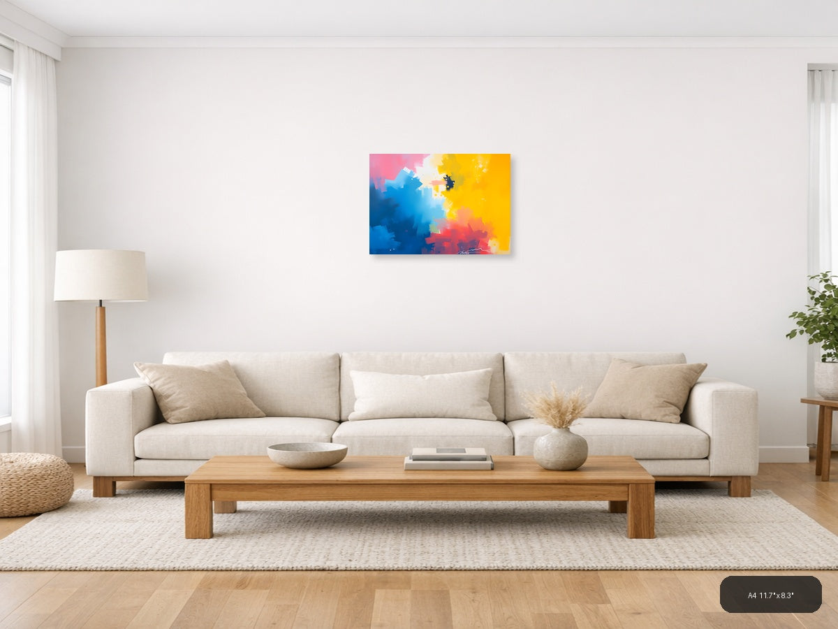 Blue Yellow Red Abstract Brushstrokes Modern Wall Art — A4 / Living Room